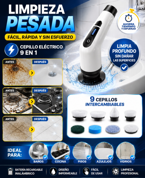 🏆 Cepillo Eléctrico Giratorio 9 en 1 – Potencia, Versatilidad y Limpieza Total🧼
